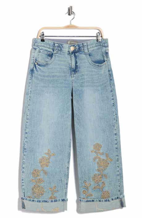 Democracy Floral Embroidered Cuffed Wide Leg Jeans