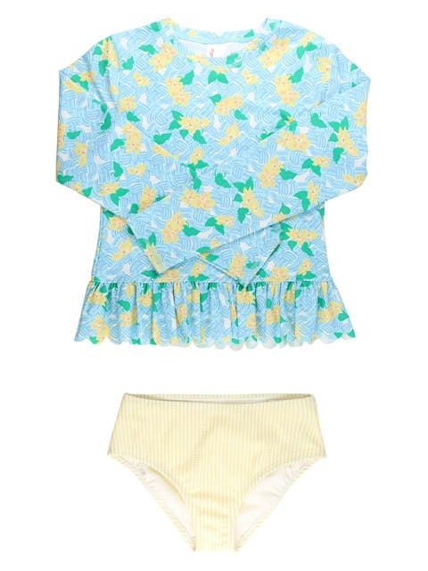 Scallop Hem Long Sleeve Rash Guard 2-Piece Bikini Swimsuit