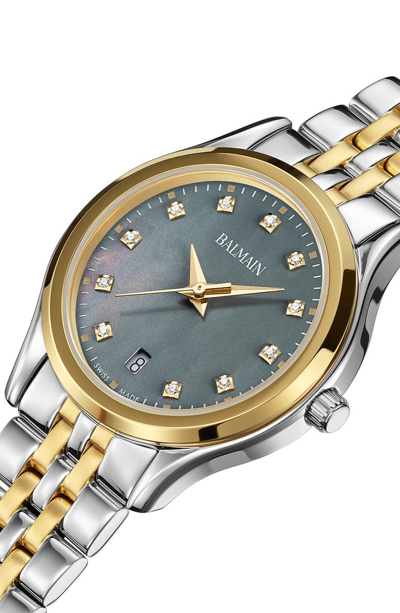 Balmain Beleganza Diamond & Mother-of-Pearl Bracelet Watch, 27.5mm, Alternate, color, Mop/ Two Tone