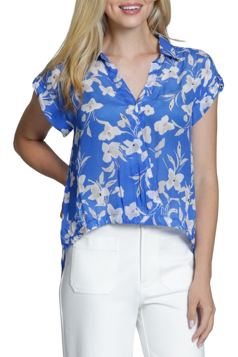Print Wrap Front Cotton High-Low Top, Main, color, BLUE/ WHITE FLORAL