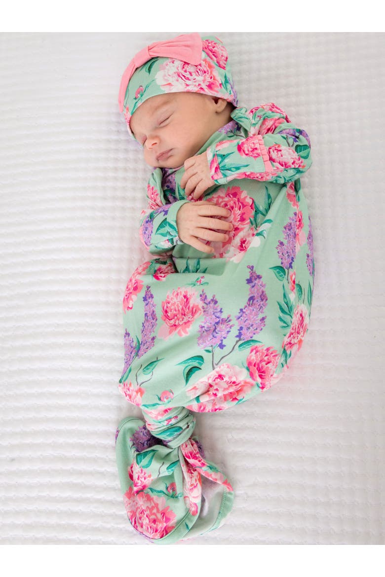 Ruffle Knotted Sleep Gown & Hat Set, Alternate, color, Sage Garden
