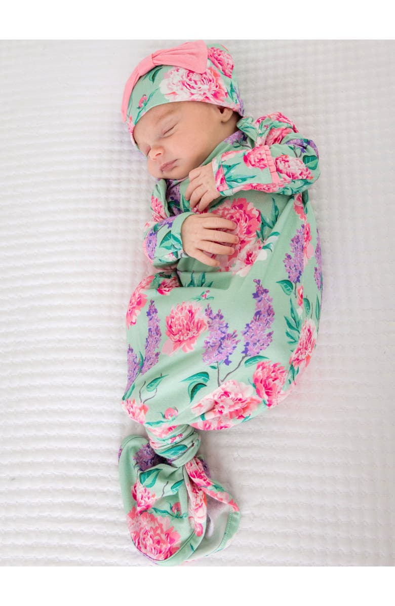 RuffleButts Ruffle Knotted Sleep Gown & Hat Set, Alternate, color, Sage Garden