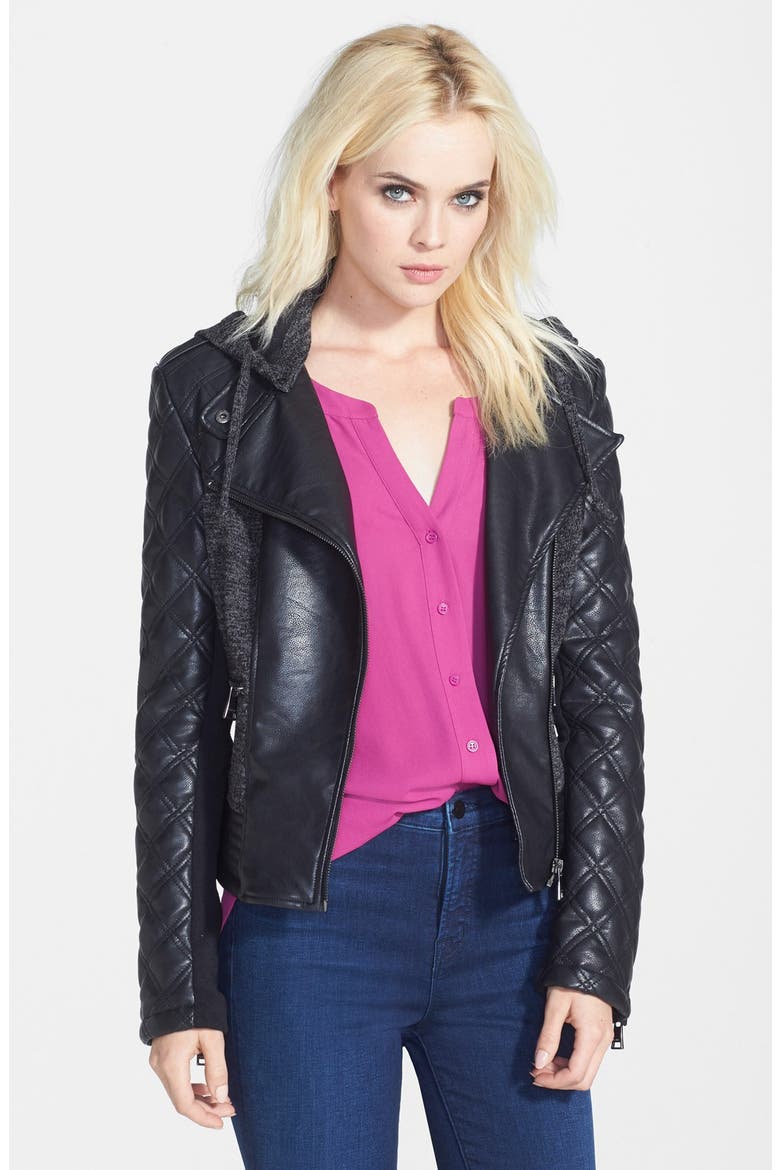 Knit & Faux Leather Hooded Moto Jacket, Alternate, color, BLACK