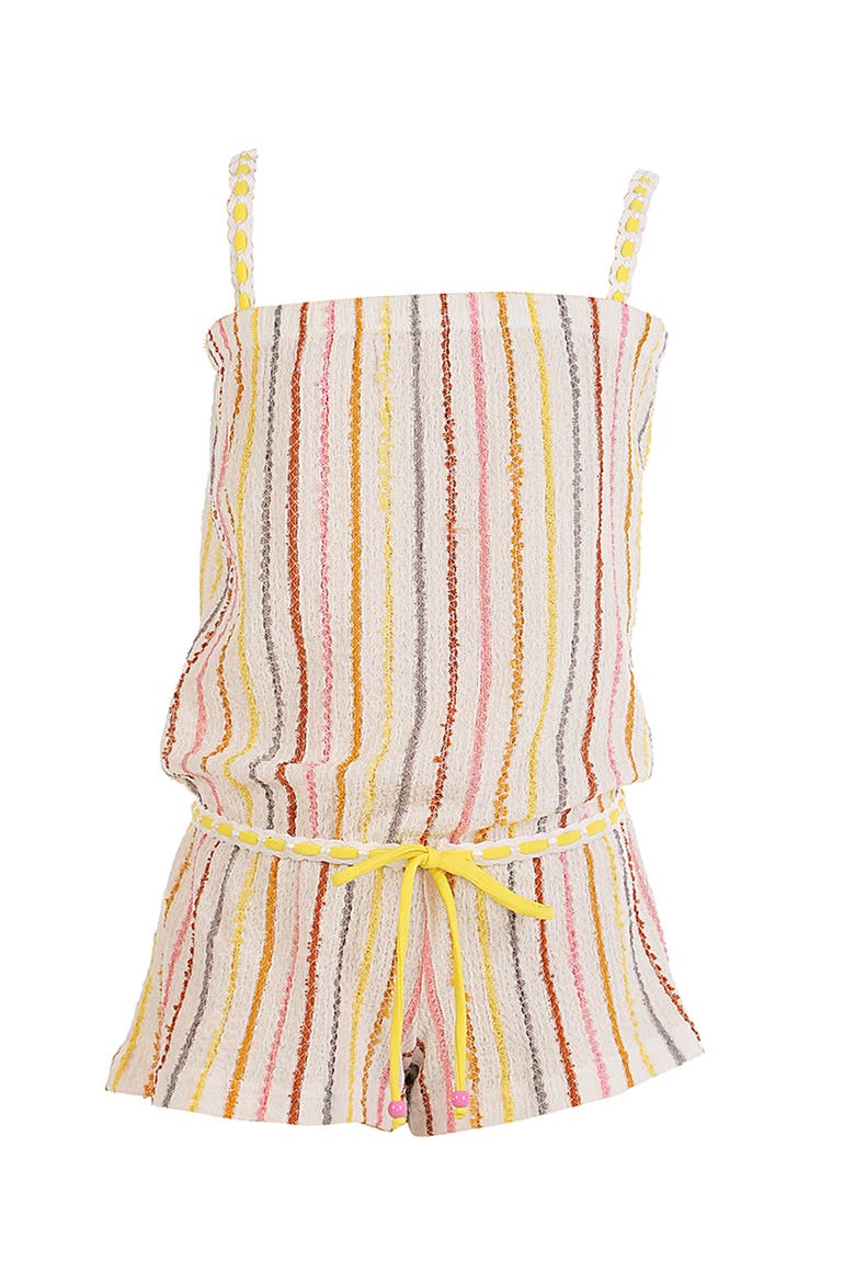 Vibrant Vertical Stripe Beach Romper with Braided Yellow Cord and Cinch Waist, Main, color, Beige