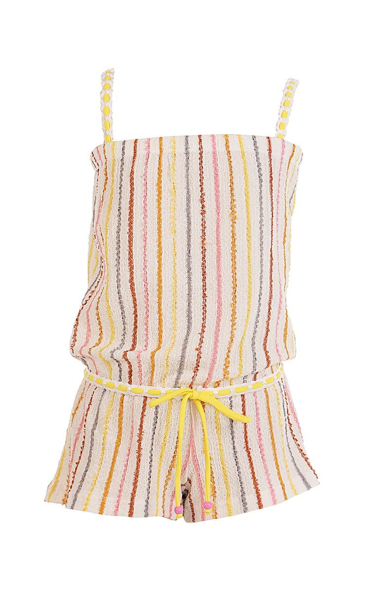 NESSI BYRD Vibrant Vertical Stripe Beach Romper with Braided Yellow Cord and Cinch Waist, Main, color, Beige