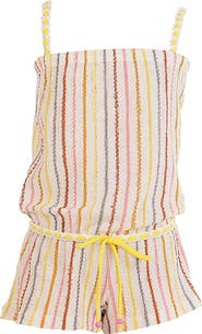 NESSI BYRD Vibrant Vertical Stripe Beach Romper with Braided Yellow Cord and Cinch Waist