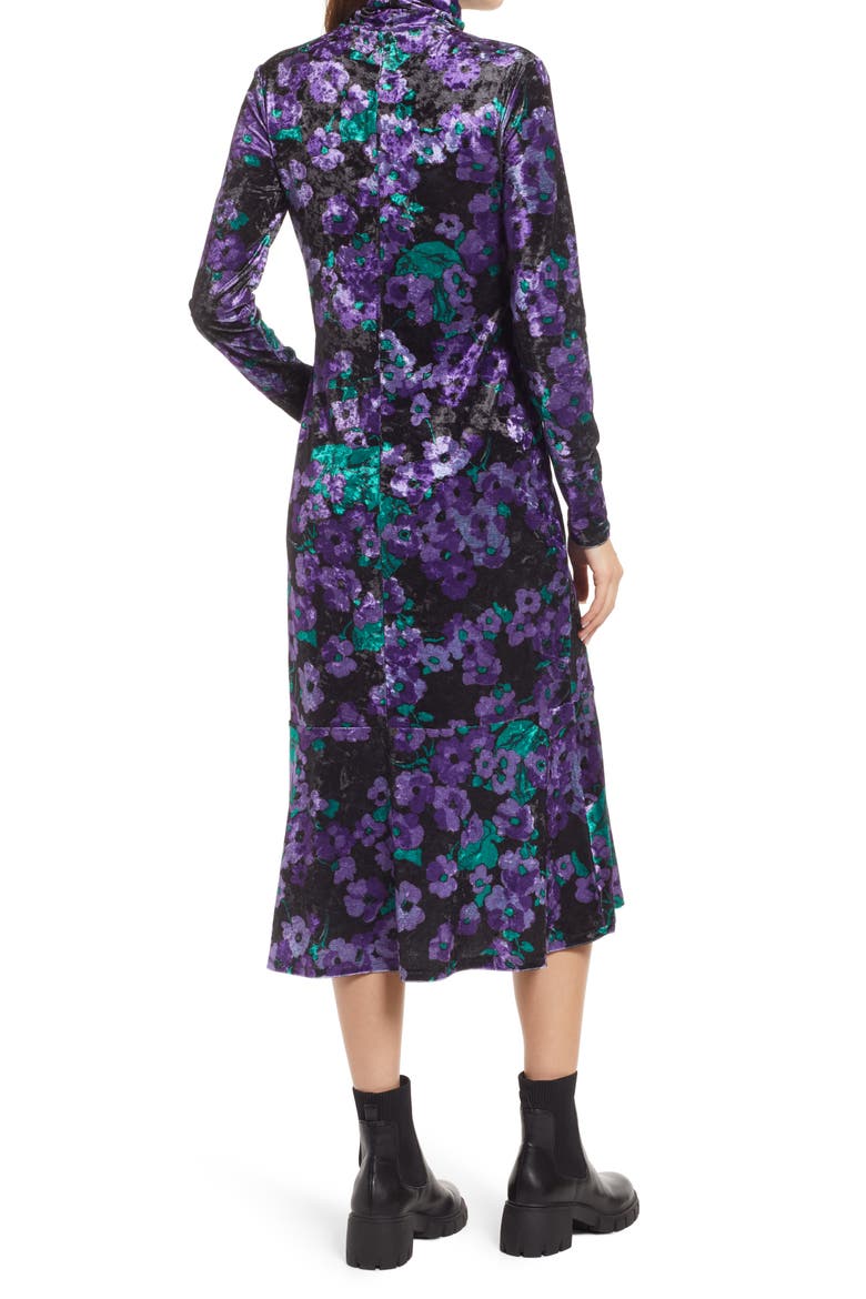 Floral Long Sleeve Crushed Velvet Turtleneck Midi Dress, Alternate, color, PURPLE FLOWER VELVET