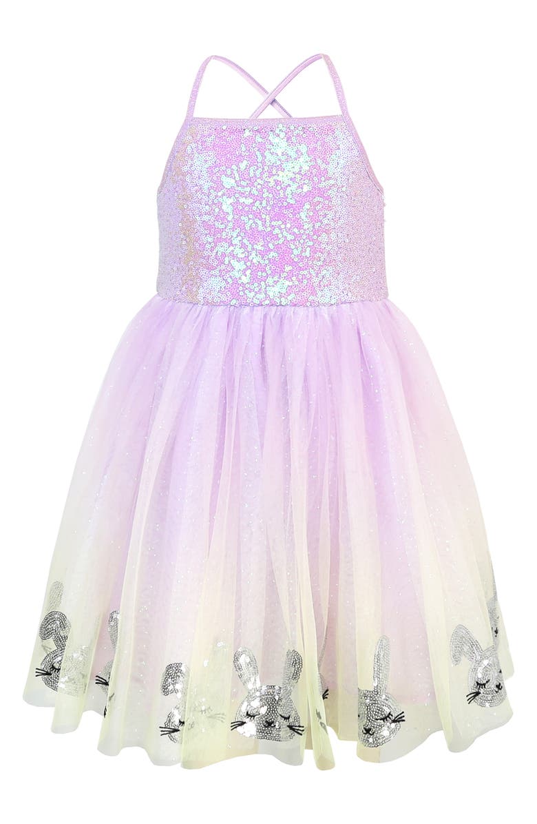 Zunie Kids' Sequin Bunny Border Tulle Party Dress, Main, color, Lilac/ Yellow