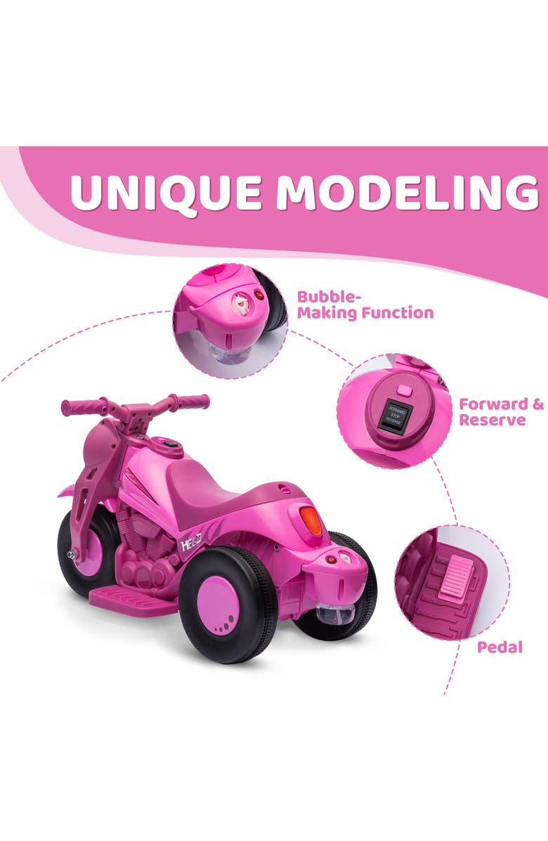 Qaba 6V 3-Wheeled Kids Ride on Motorcycle with Lights, Music, Alternate, color, Pink