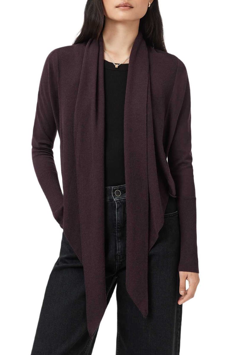 AllSaints Wasson Pirate Wrap Merino Wool Cardigan, Alternate, color, Oxblood