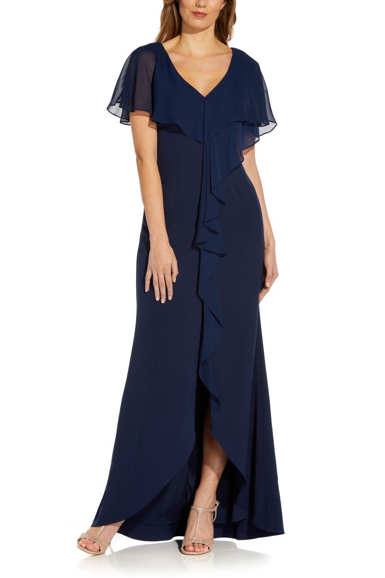 Chiffon Overlay Crepe Mermaid Gown, Main, color, NAVY