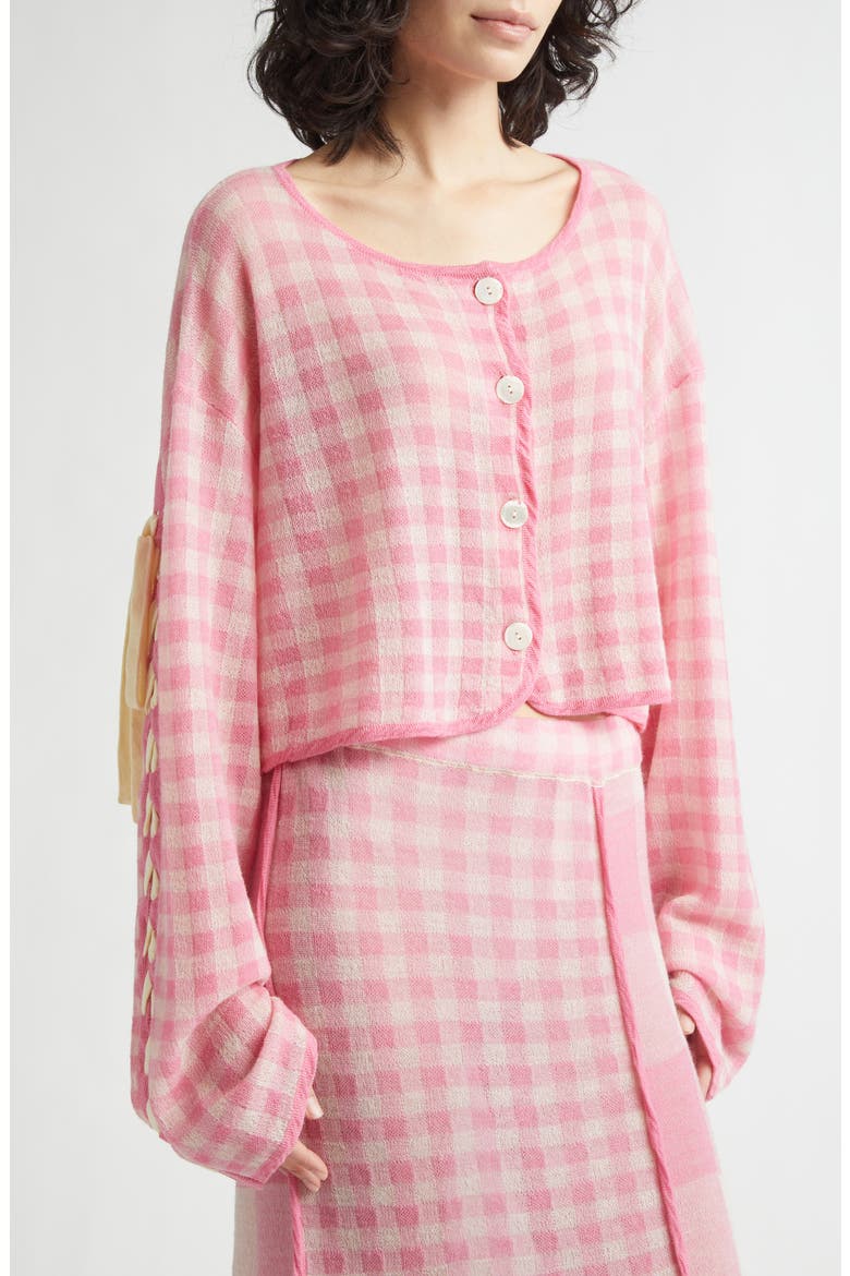 Gingham Check Wool Cardigan with Removable Hood, Alternate, color, PINK