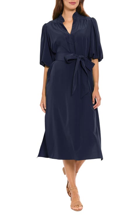 Split Neck Tie Waist Midi Dress