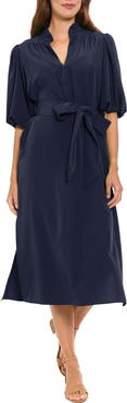 London Times Split Neck Tie Waist Midi Dress