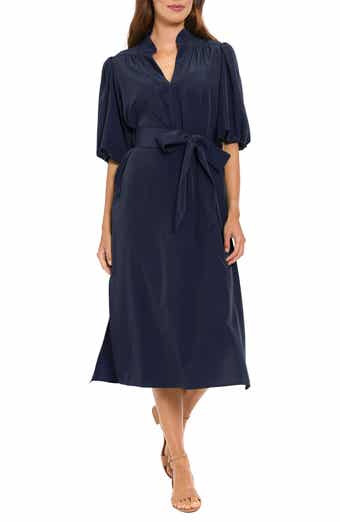 London Times Split Neck Tie Waist Midi Dress
