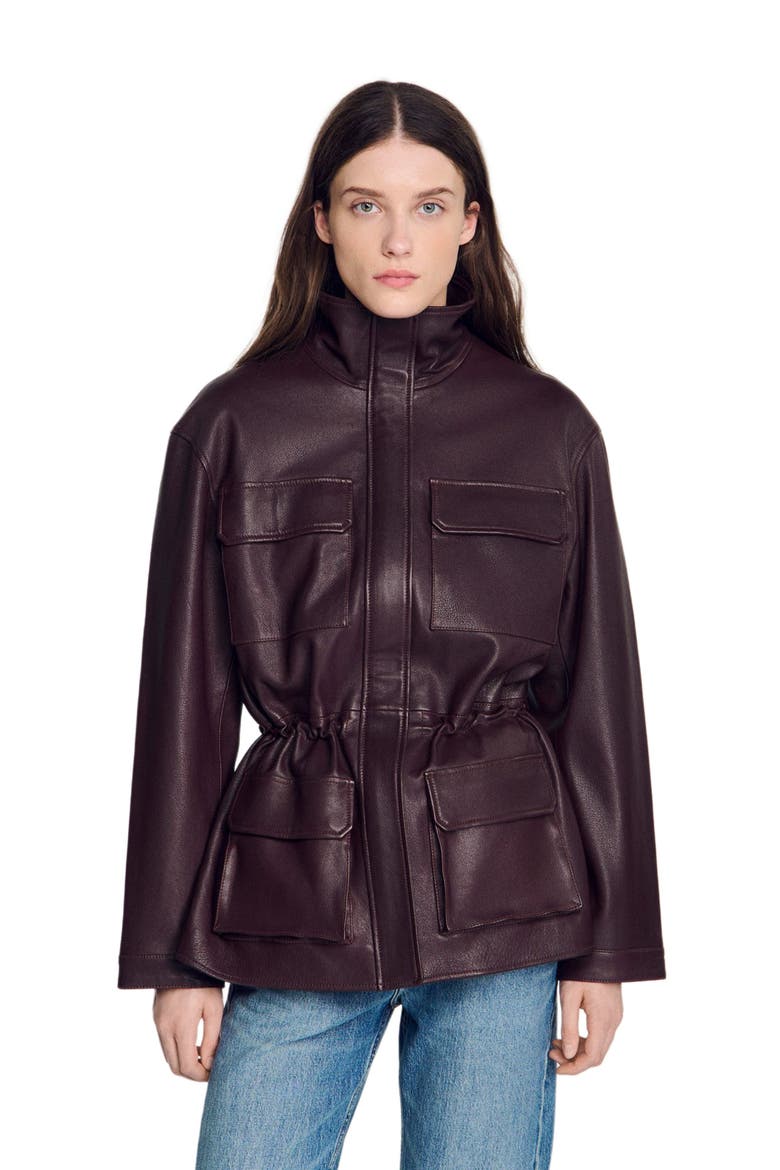 Oversized leather collar jacket, Main, color, Bordeaux