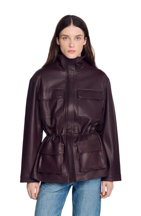 Oversized leather collar jacket