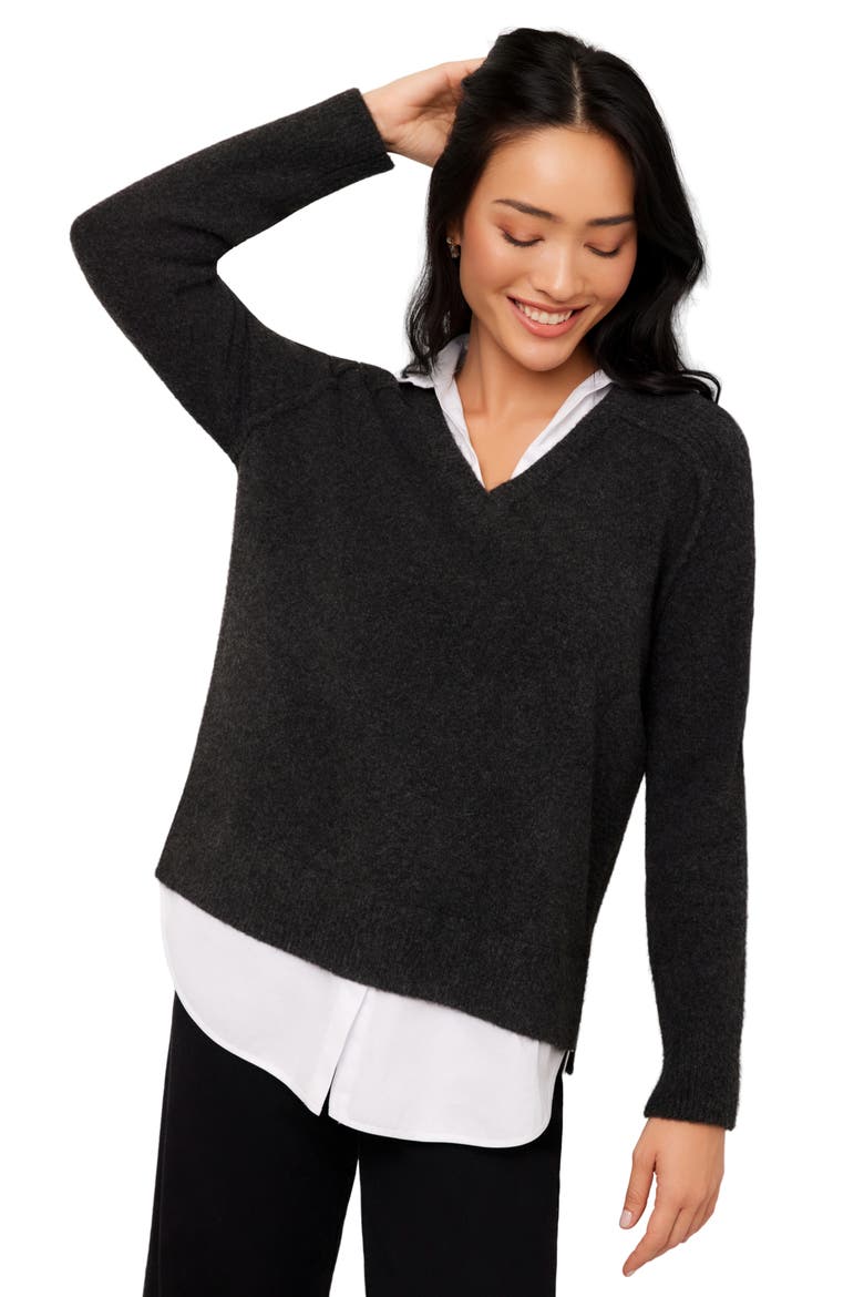 Layered V-Neck Sweater, Alternate, color, CHARCOAL