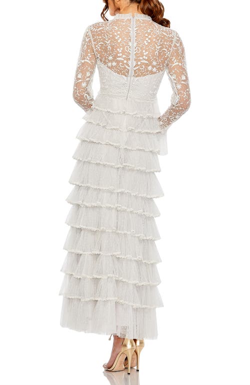Mac Duggal Embroidered Long Sleeve Ruffled Tiered Gown In Pearl