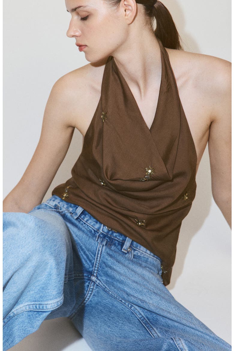 Beaded Halter Top, Alternate, color, BROWN