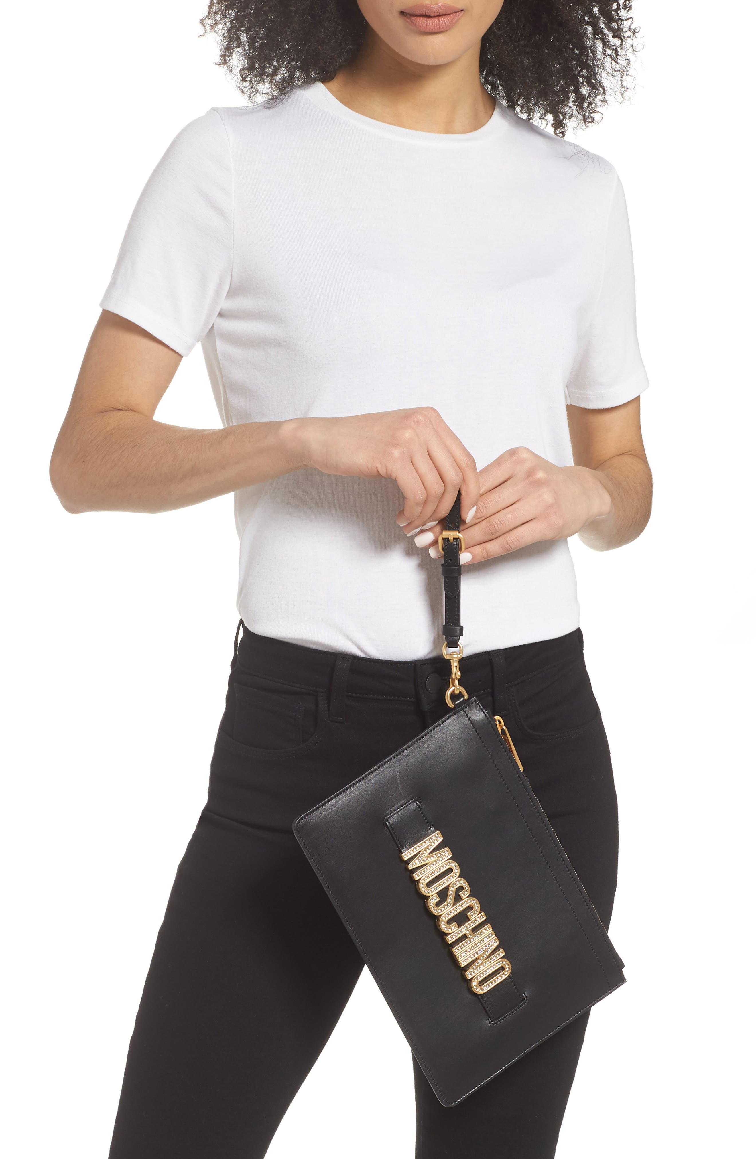 Moschino Embellished Logo Clutch, Alternate, color, 