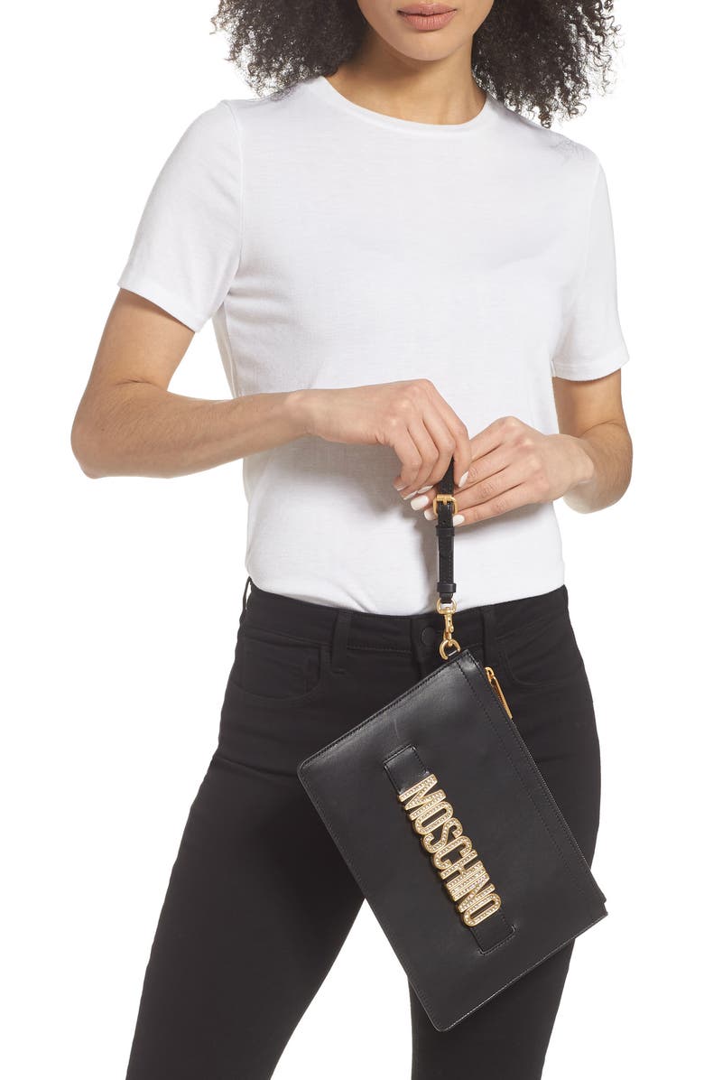 Moschino Embellished Logo Clutch, Alternate, color,