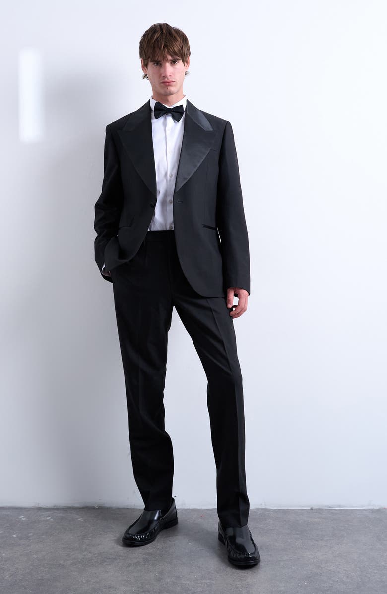 Topman Wide Lapel Black Stretch Tuxedo Jacket, Alternate, color, Black