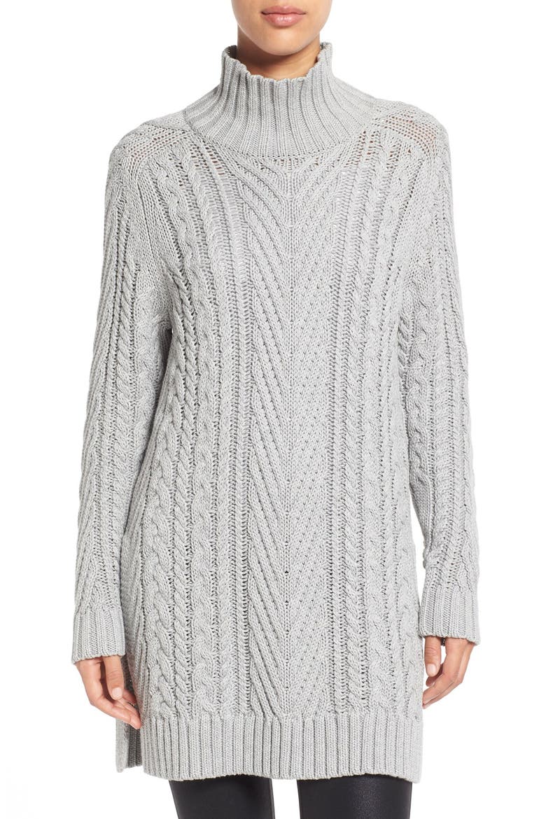 Mix Cable Mock Neck Tunic Sweater, Main, color, TIN HEATHER