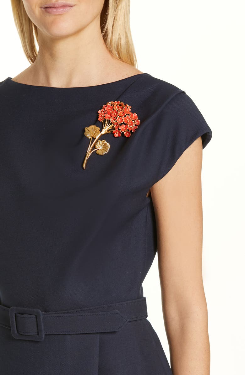 Oscar de la Renta Flower Brooch Belted Wool & Silk Midi Dress, Alternate, color,