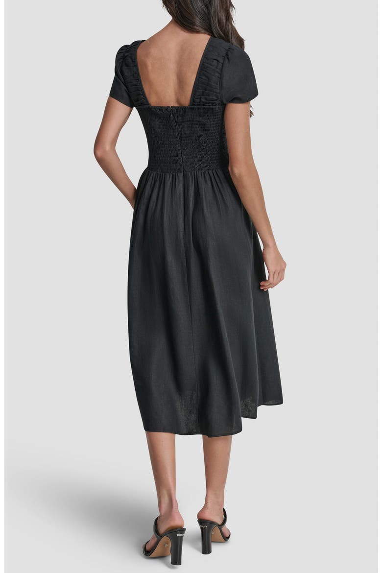Ruched Bodice Linen Blend Midi Dress, Alternate, color, BLACK