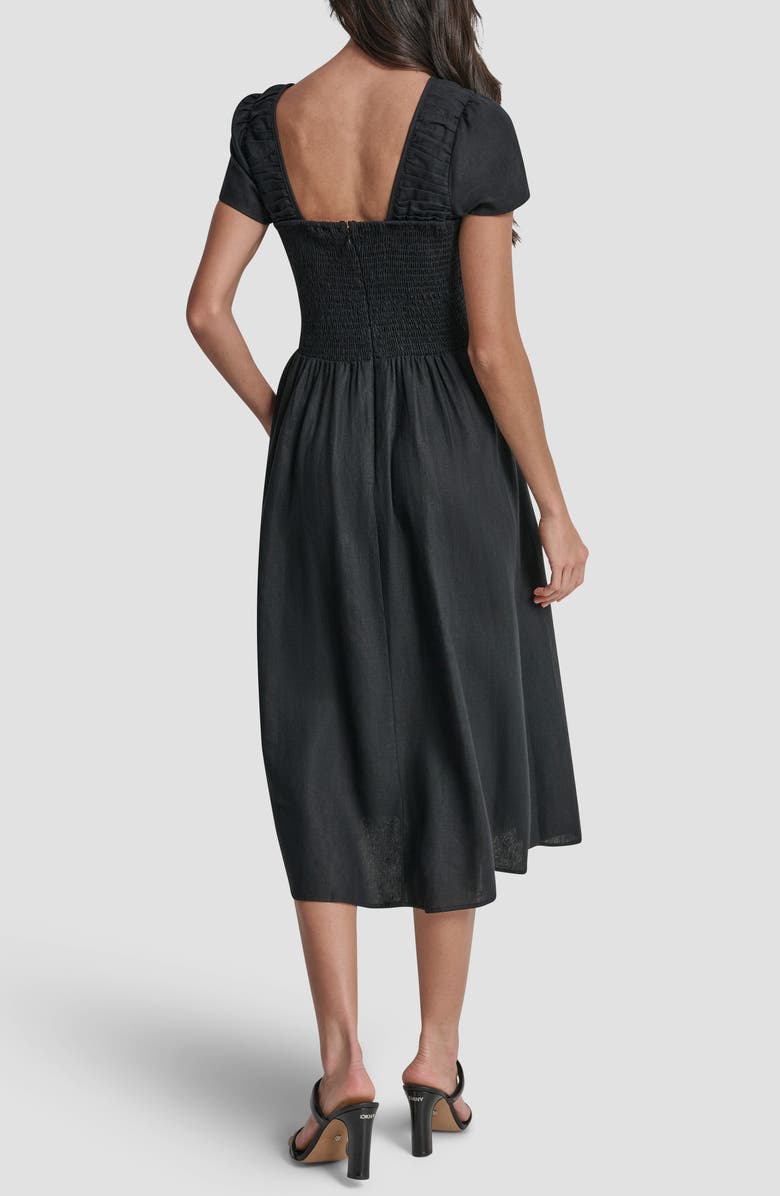 DKNY Ruched Bodice Linen Blend Midi Dress, Alternate, color, Black