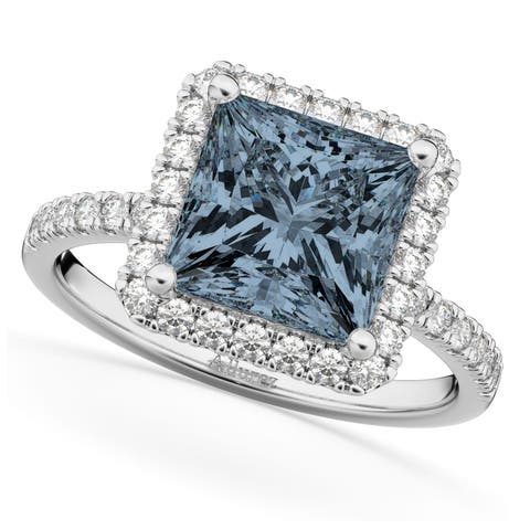 Princess Cut Halo Gray Spinel & Diamond Engagement Ring 14K
