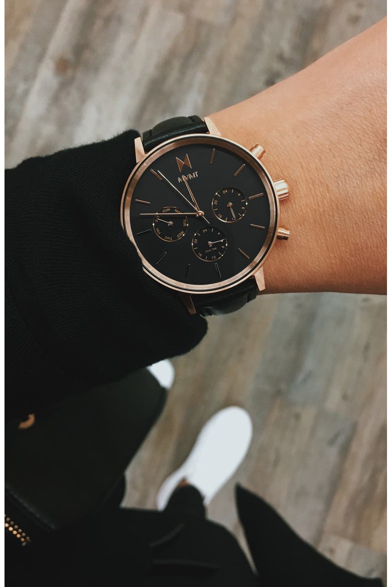 MVMT Nova Chronograph Leather Strap Watch, 38mm, Alternate, color, BLACK/ ROSE GOLD