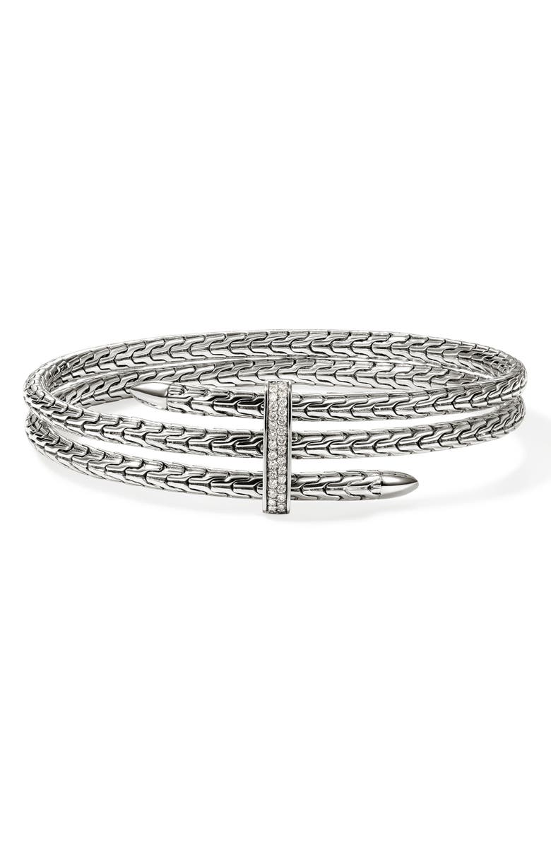 John Hardy Spear Double Flex Cuff, Diamond, 4mm, Main, color, Silver White Diamond