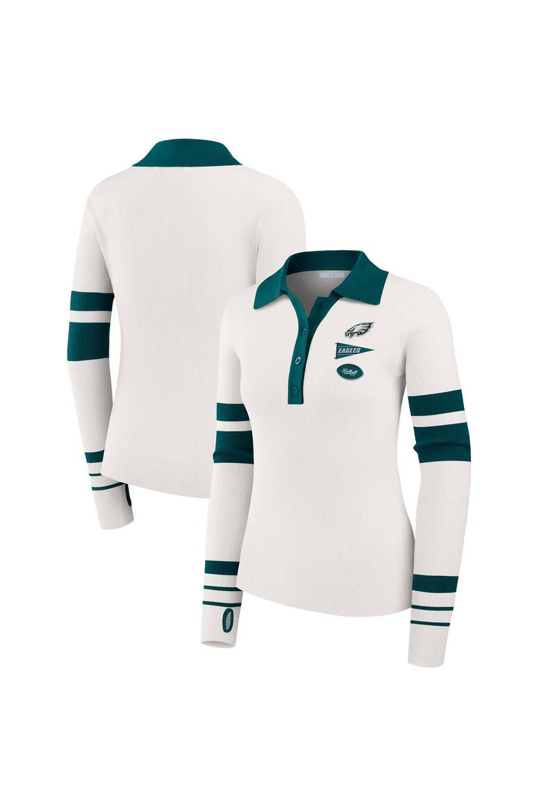 Women's WEAR by Erin Andrews White Philadelphia Eagles Ribbed Henley Polo Sweater, Main, color, White