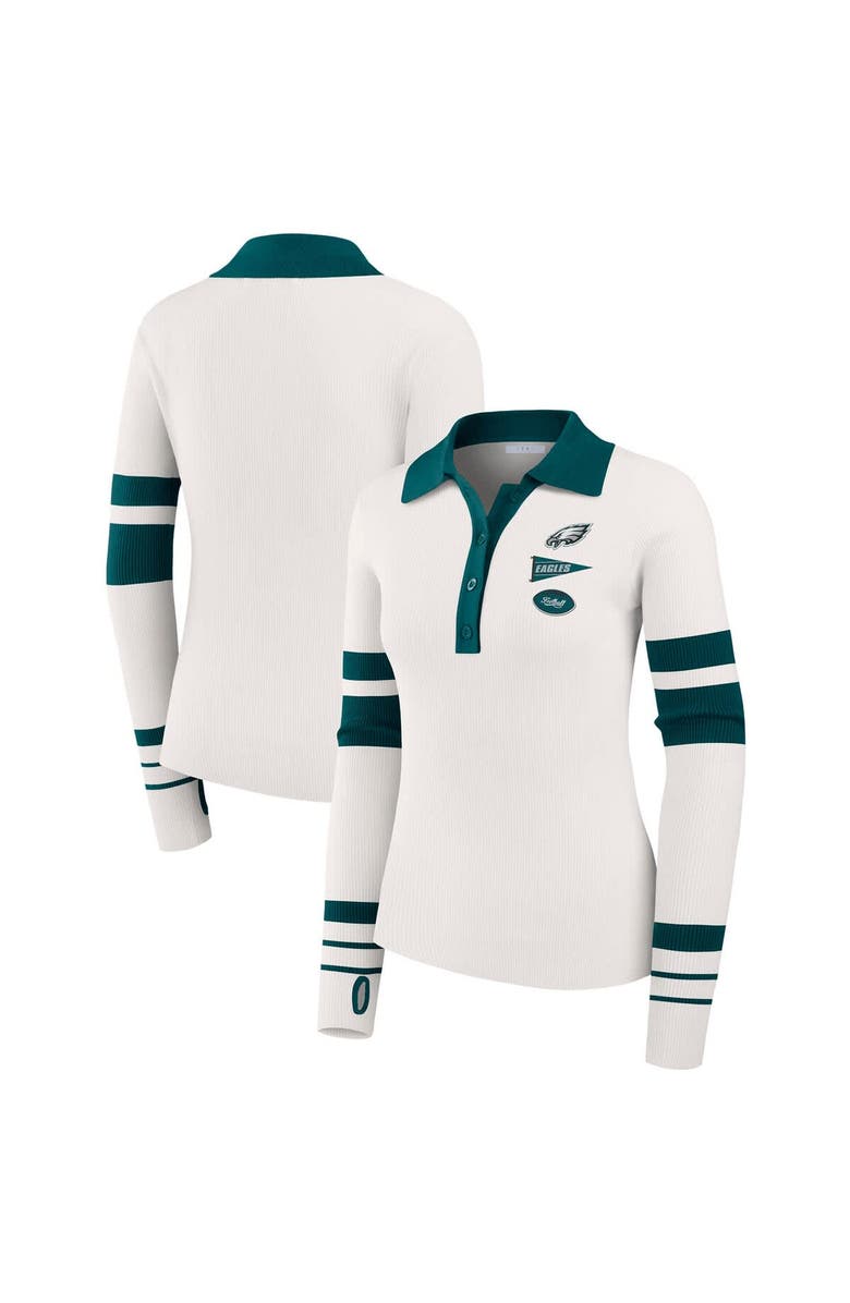 WEAR by Erin Andrews Women
s WEAR by Erin Andrews White Philadelphia Eagles Ribbed Henley Polo Sweater, Main, color, White