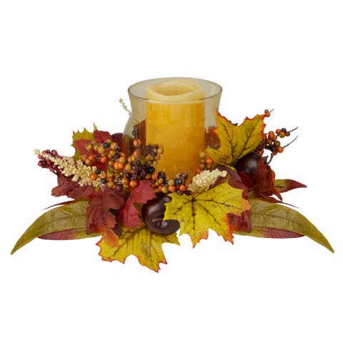 Apples and Dahlias Fall Harvest Floral Glass Hurricane Pillar Candle Holder - 15"