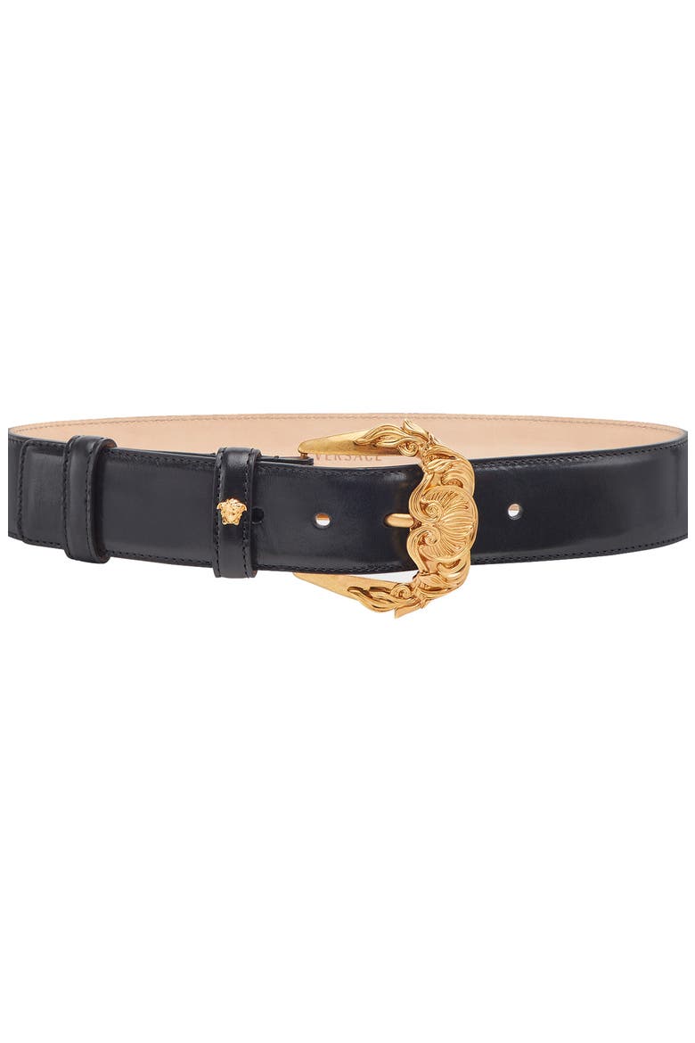 First Line Baroque Buckle Leather Belt, Main, color, NERO/ GOLD TRIBUTE