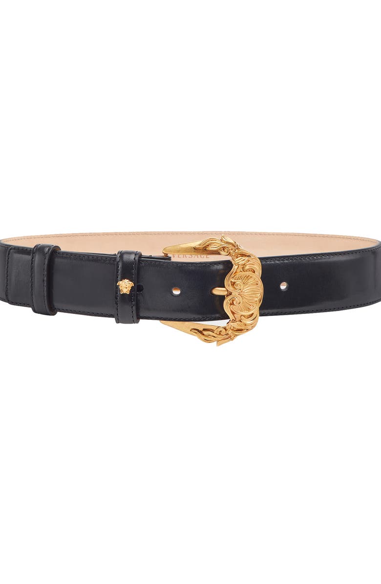 Versace First Line Baroque Buckle Leather Belt, Main, color, 