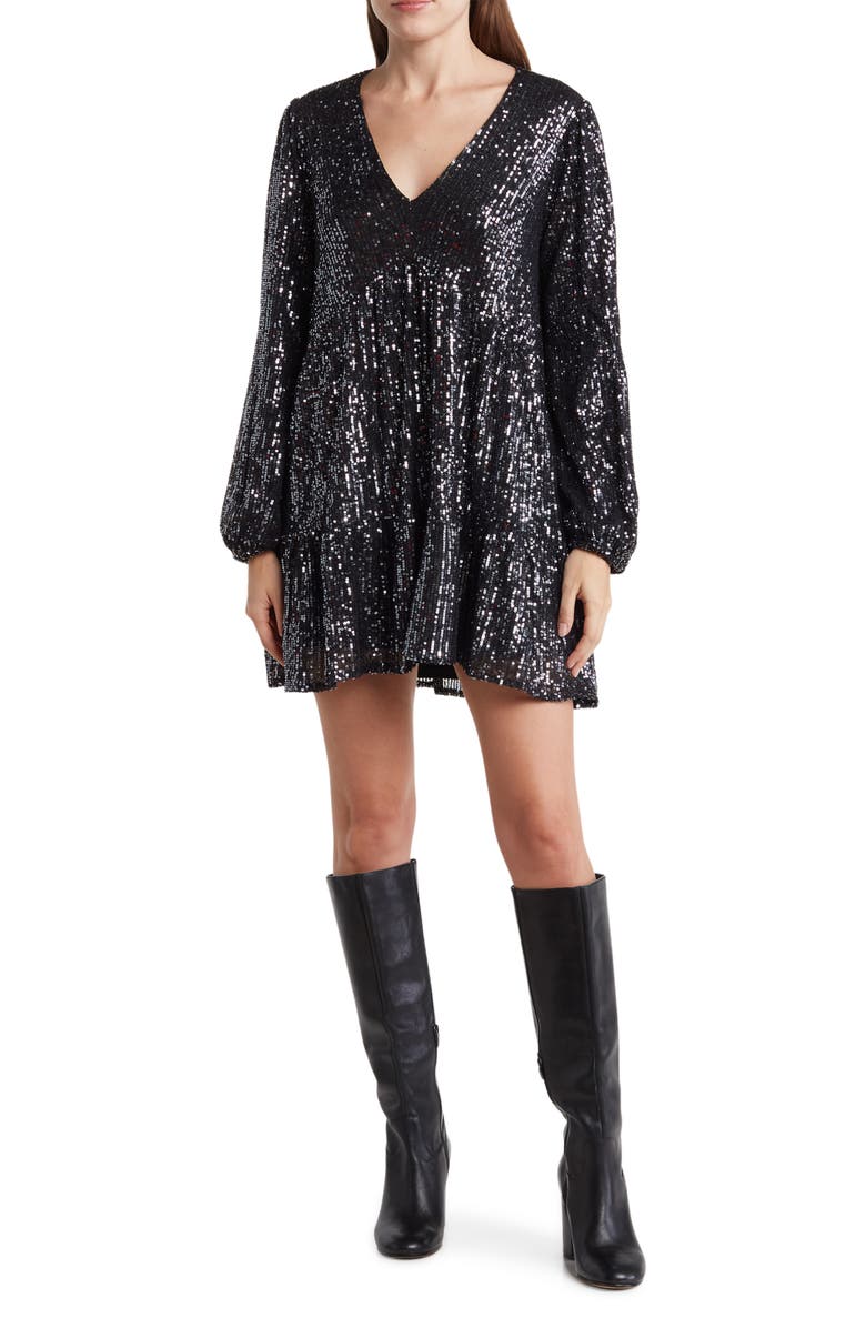 CODEXMODE Sequin Long Sleeve Babydoll Dress, Main, color, 