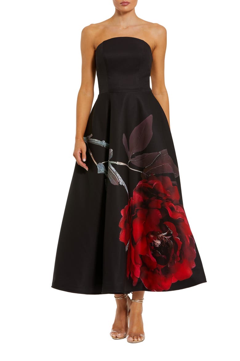 Crepe Printed Strapless Midi Dress With Pockets, Main, color, Black Rose