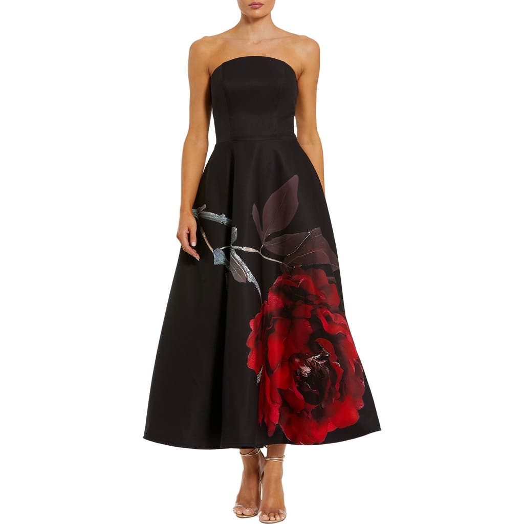 Mac Duggal Petite Strapless Crepe Floral Print A-Line Midi Dress with Pockets in Black Rose at Nordstrom, Size 8