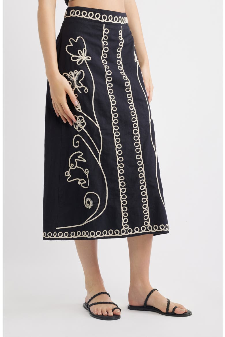 Sorina Embroidered Cotton & Linen Midi Skirt, Alternate, color, BLACK