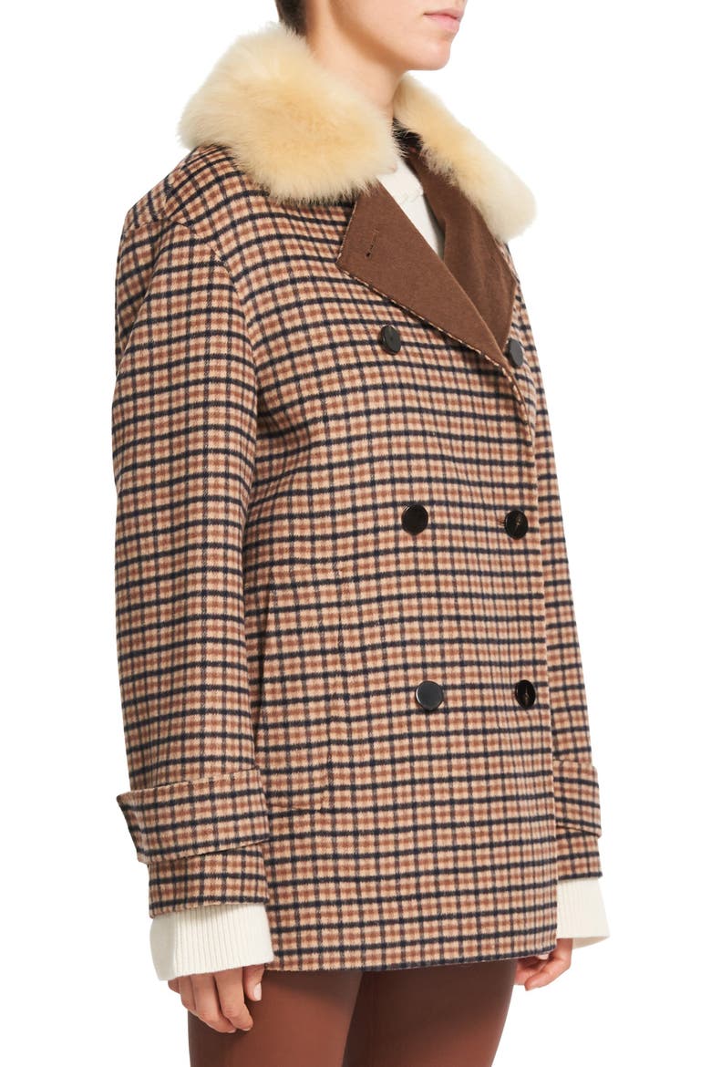 Check Wool Blend Coat with Genuine Shearling Collar, Alternate, color, CAMEL MULTI - EF2