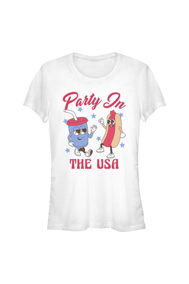 Juniors Lost Gods Hot Dog Party In the USA T Shirt, Main, color, White