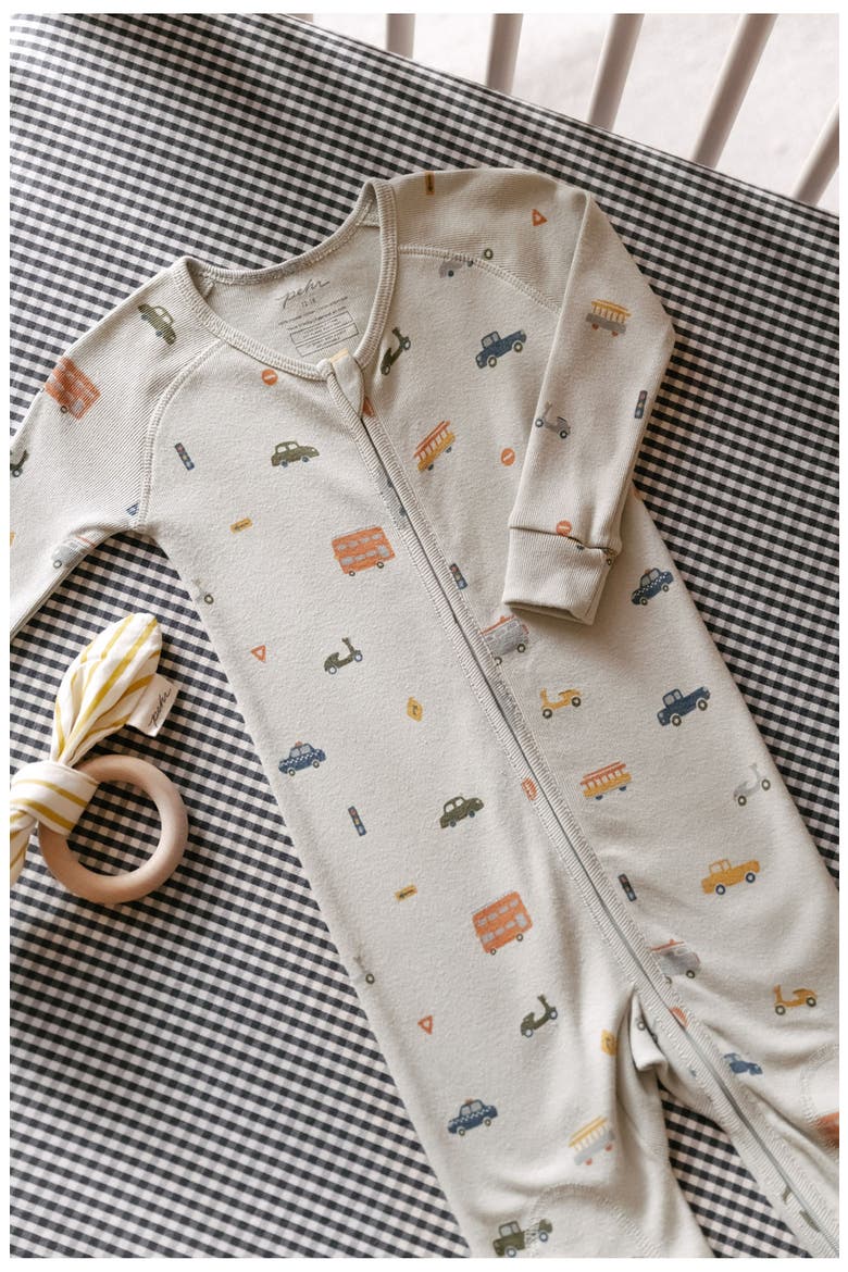 Print Rib Organic Cotton Fitted One-Piece Pajamas, Alternate, color, RUSH HOUR MIST
