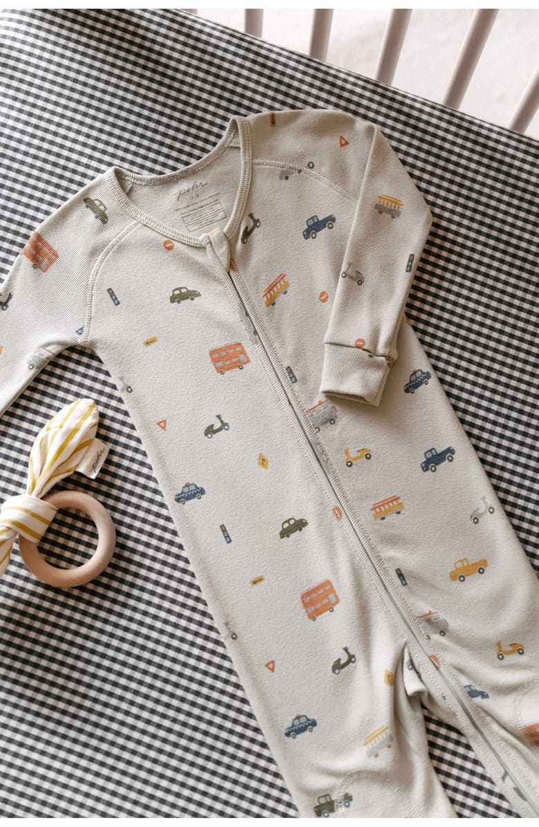 Pehr Print Rib Organic Cotton Fitted One-Piece Pajamas, Alternate, color, Rush Hour Mist