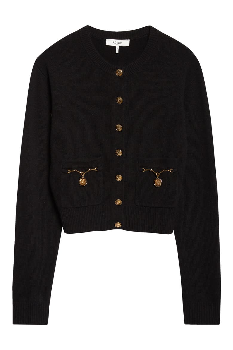 Horse Capsule Medal Button Merino Wool & Cashmere Cardigan, Alternate, color, BLACK