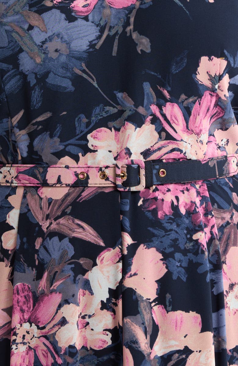 Tahari ASL Floral Belted Long Sleeve Dress, Alternate, color, Navy Peri Rose