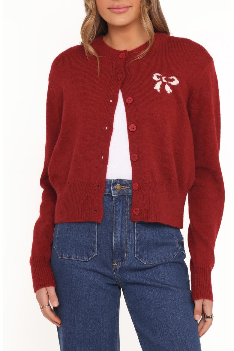 Middleton Bow Cardigan, Main, color, WINE